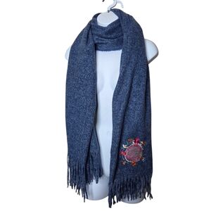Attic Salt Blue Knit Scarf with Embroidered Detail & Fringe - Soft & Cozy